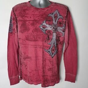 Raw State Men's Long Sleeve Thermal Shirt Redemption Cross Graphic Red  L y2K